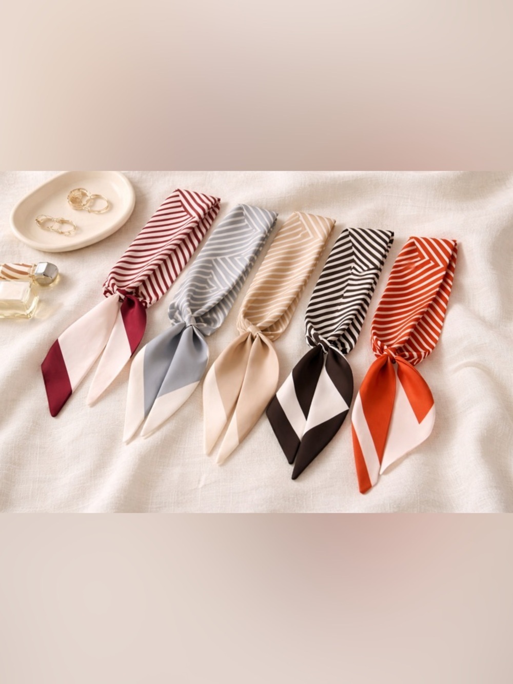5 Silky Twillies Scarf Set Striped Hair Tie Bag Wrap Neutral Chic NWT